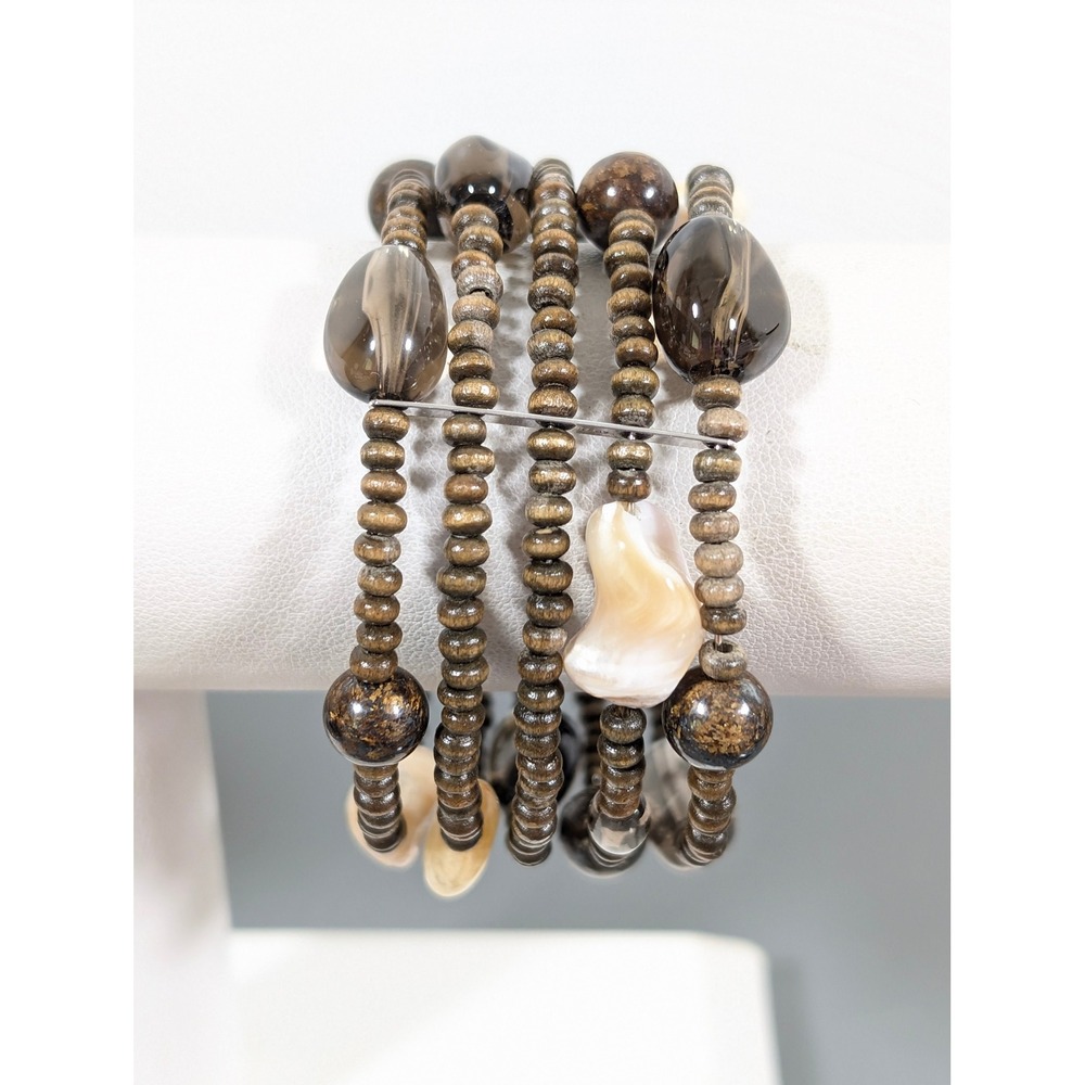 Wide Brown Beaded Cuff Bracelet Wood Shell‎ Glass Flexible Boho